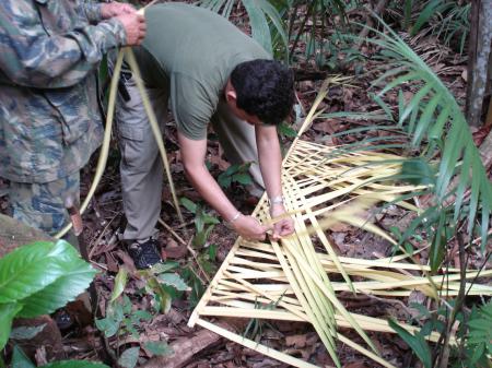 Herstellung eines Dachs aus Palmenblättern im Amazonas-Regenwald