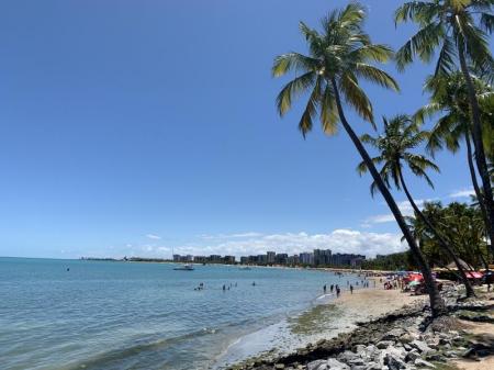 Aussicht auf langgezogenen Strandabschnitt von Maceio mit Kokospalmen und Strandbesuchern