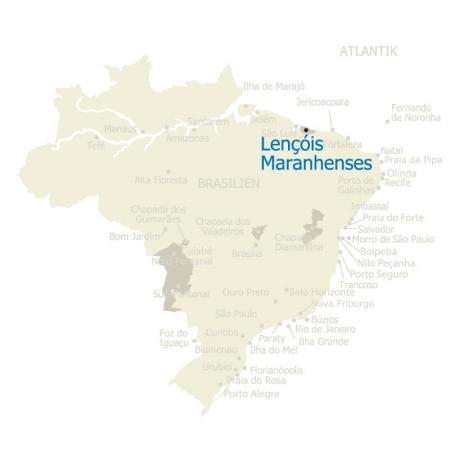 Karte von Brasilien mit den einzelen Reisezielen mit Markierung von den Lencois Maranhenses