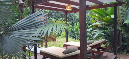 Aufnahme des Außenbereichs um den Pool der Amazon Premium Lodge